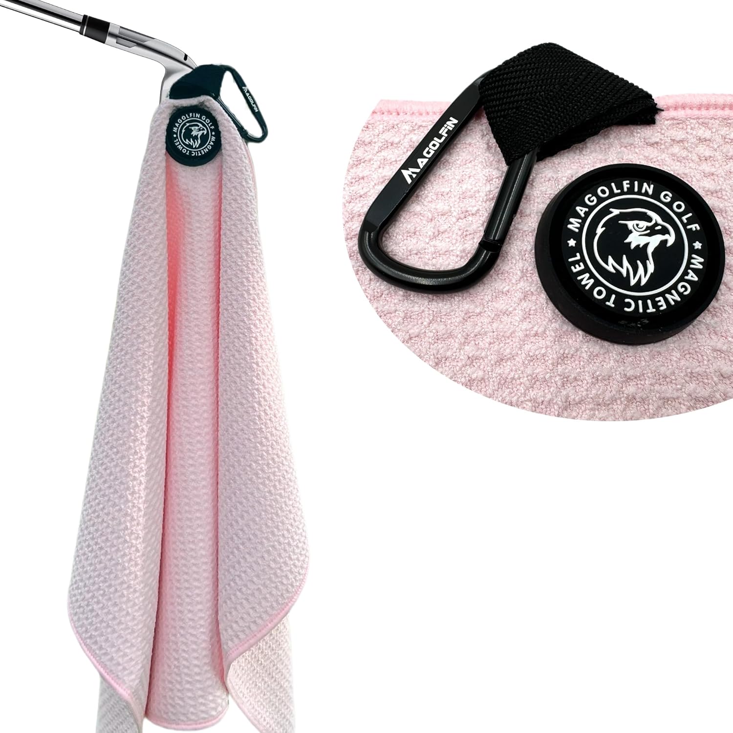 Magnetic Golf Towel with Clip, Microfiber Waffle Design - Industrial Strength Magnet for Strong Hold to Golf Bags, Carts & Clubs - Pink