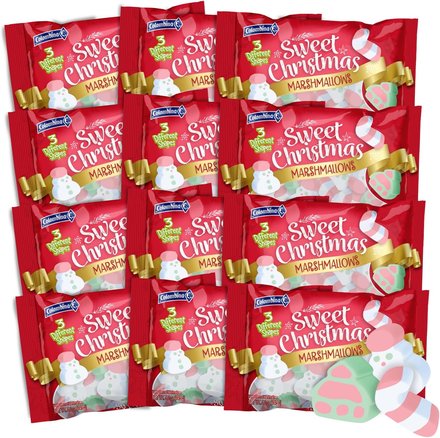 Sweet Christmas Marshmallow Bag - Soft, Assorted Marshmallows In 3 Different Shapes: Christmas Trees, Candy Canes, And Santas - Vanilla Bean Marshmallows - 5.1 Oz Per Bag (12 Pack)