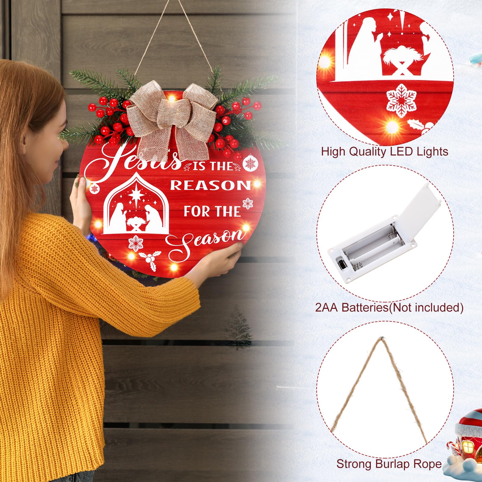 Coume Letrero colgante de madera de 30,5 cm con texto en inglés "Jesus is the Reason for the Season" con luces LED, placa de Navidad, belén de Navidad, corona de puerta para puerta delantera de