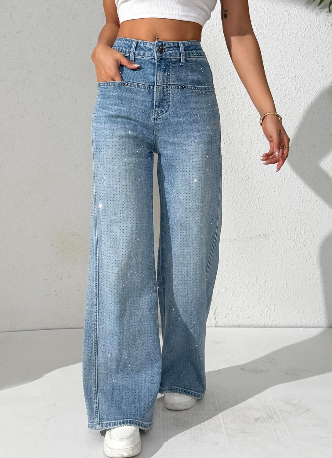 heipeiwa Women's Rhinestone Jeans Wide Leg Flare Denim Pants High Waist Sparkle Shiny Sequin Glitter Trouser - Image 2