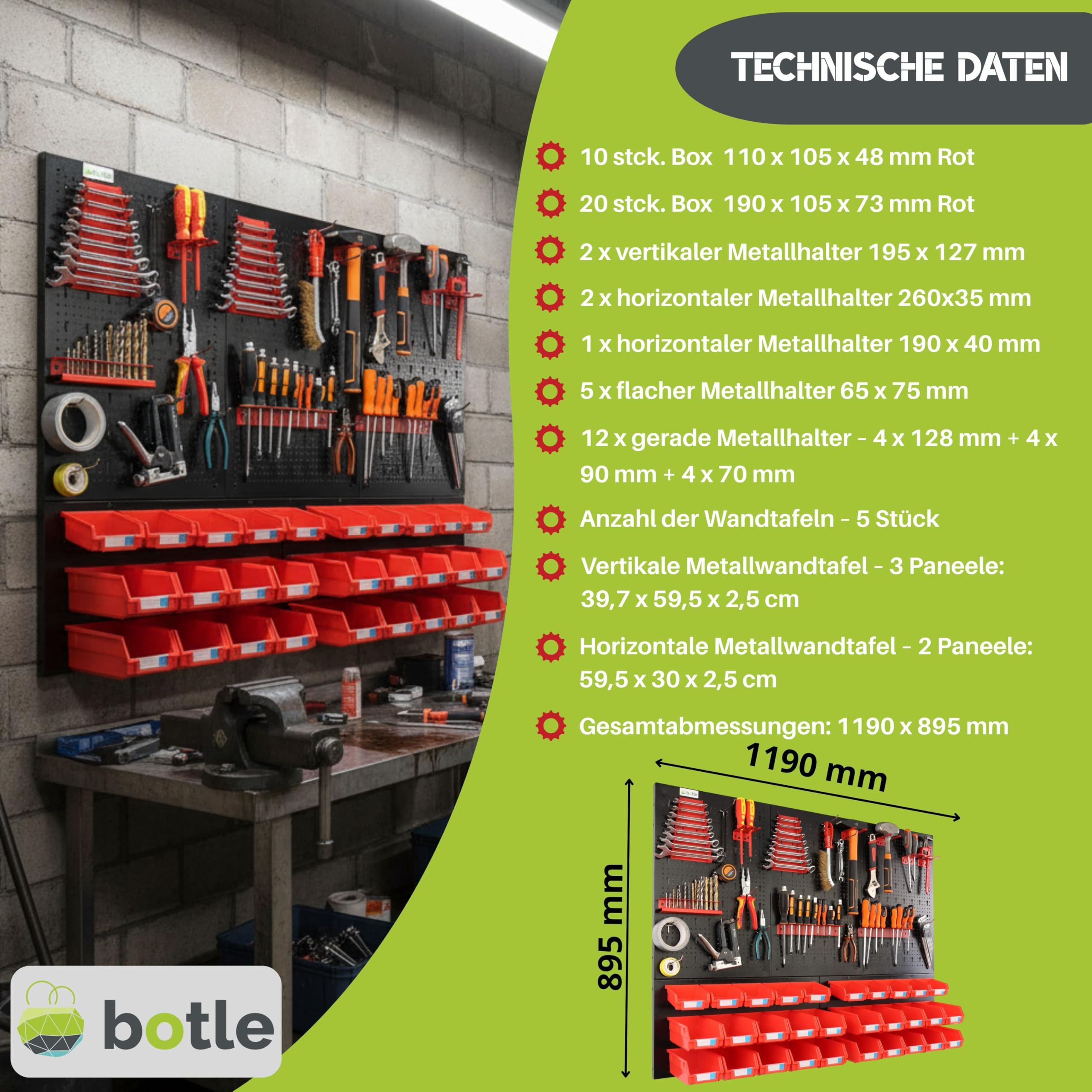 botle® Werkzeugwand Lochwand aus Metall, Stapelboxen + Wandregal + Werkzeughalter 57-tlg Set, Kleinteilelager, Wandwerkstatt mit 30 stapelbaren Rot Behältern, Hängeregal Sortierregal