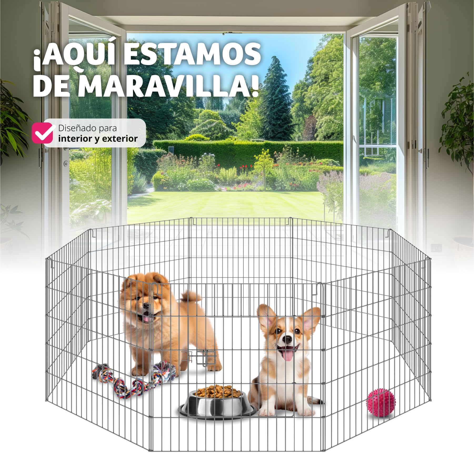 Parque para Perros con 8 Piezas de Rejilla, Puerta de Seguridad Doble Cierre, Vallas para Perros, Red de Seguridad incluida, Cercado Ampliable - 145 x 145 x 73 cm
