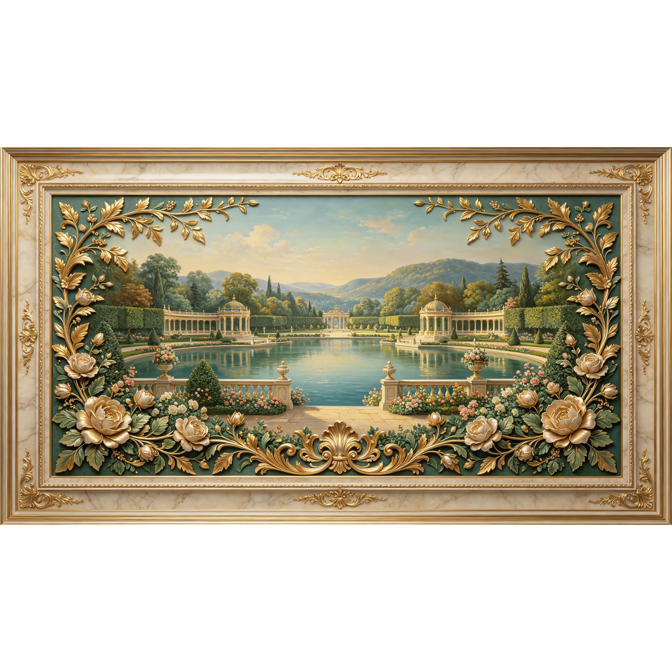 QZLITHOTIC 50×90cm3D Framed Wall Art， Neoclassical Lake Pavilion Garden SelfAdhesive Mural， WaterActivated Peel & Stick Fabric Decor Wall Decal for Bedroom Living Room