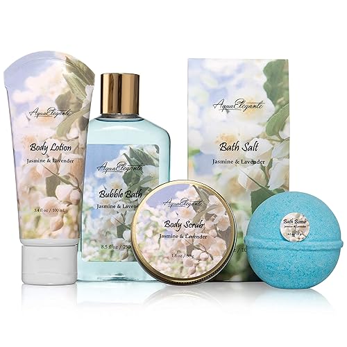 Miniatura 7 de Cestas de spa para mujer, juego de baño de lujo con jazmín y lavanda, kit de spa incluye lavado, baño de burbujas, loción, sales de baño, exfoliante