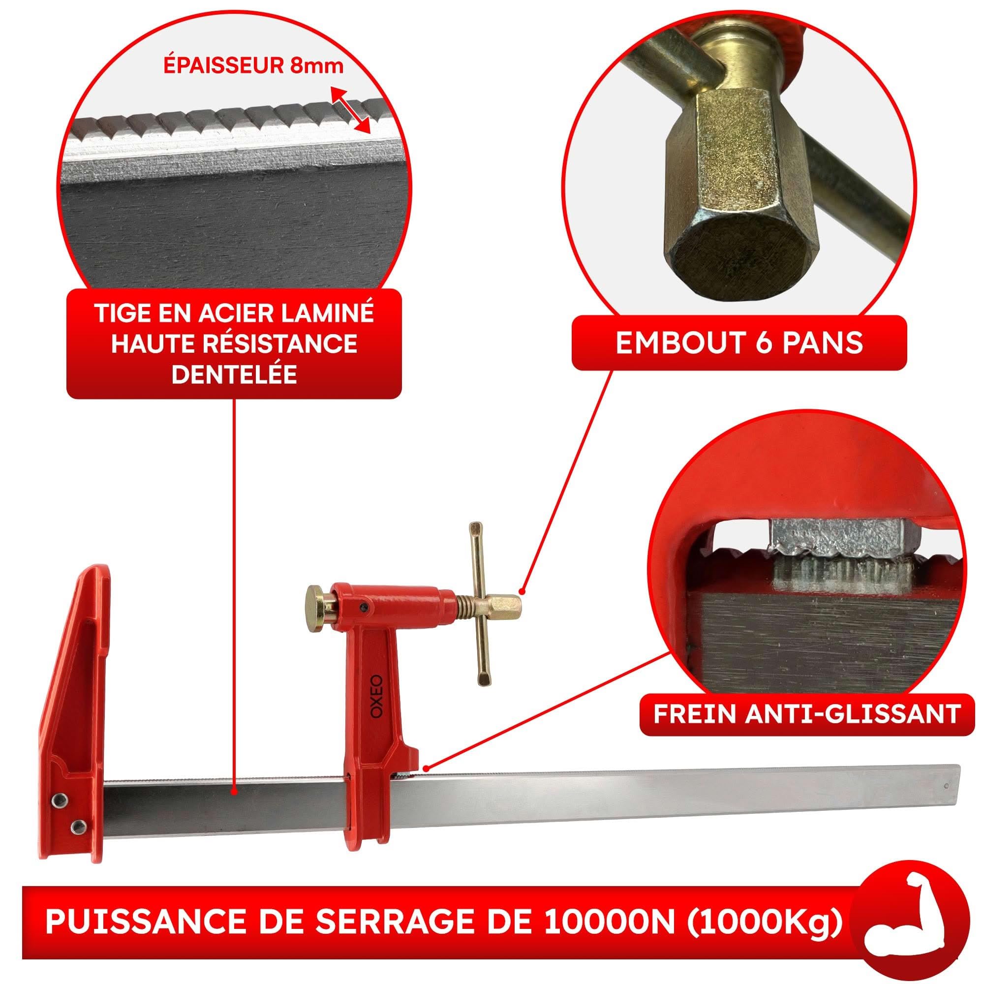 Lot de 6 serre-joints à pompe - 2 x 30cm, 60cm et 80cm - Acier laminé - Frein anti glissement