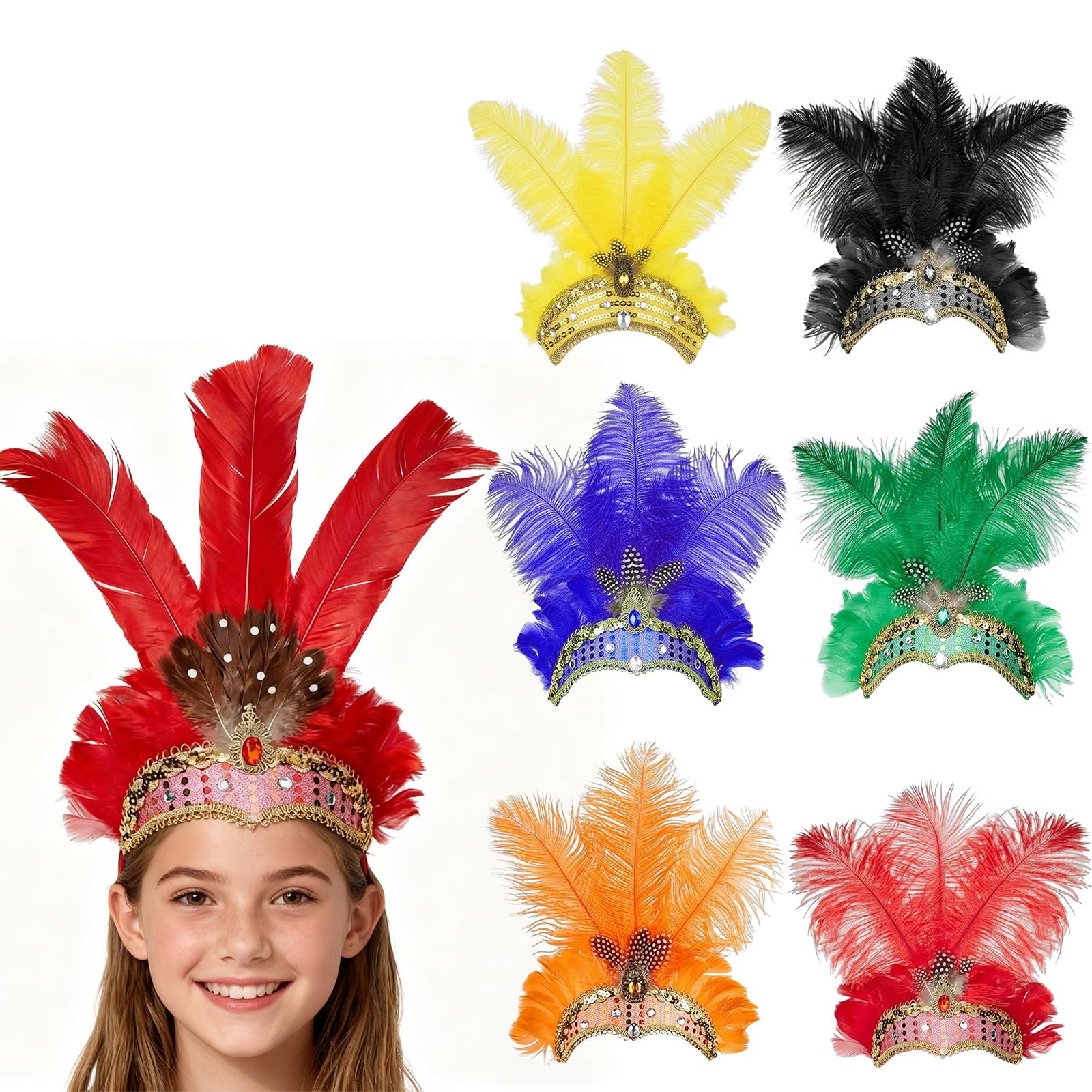 FUNLOV Feather Headpiece for for Women Girls, Women's Carnival Feather Headpieces Sequin Headdress for Wedding, Masquerade Party, Cosplay, Showgirl Headbands Accessories (Red)
