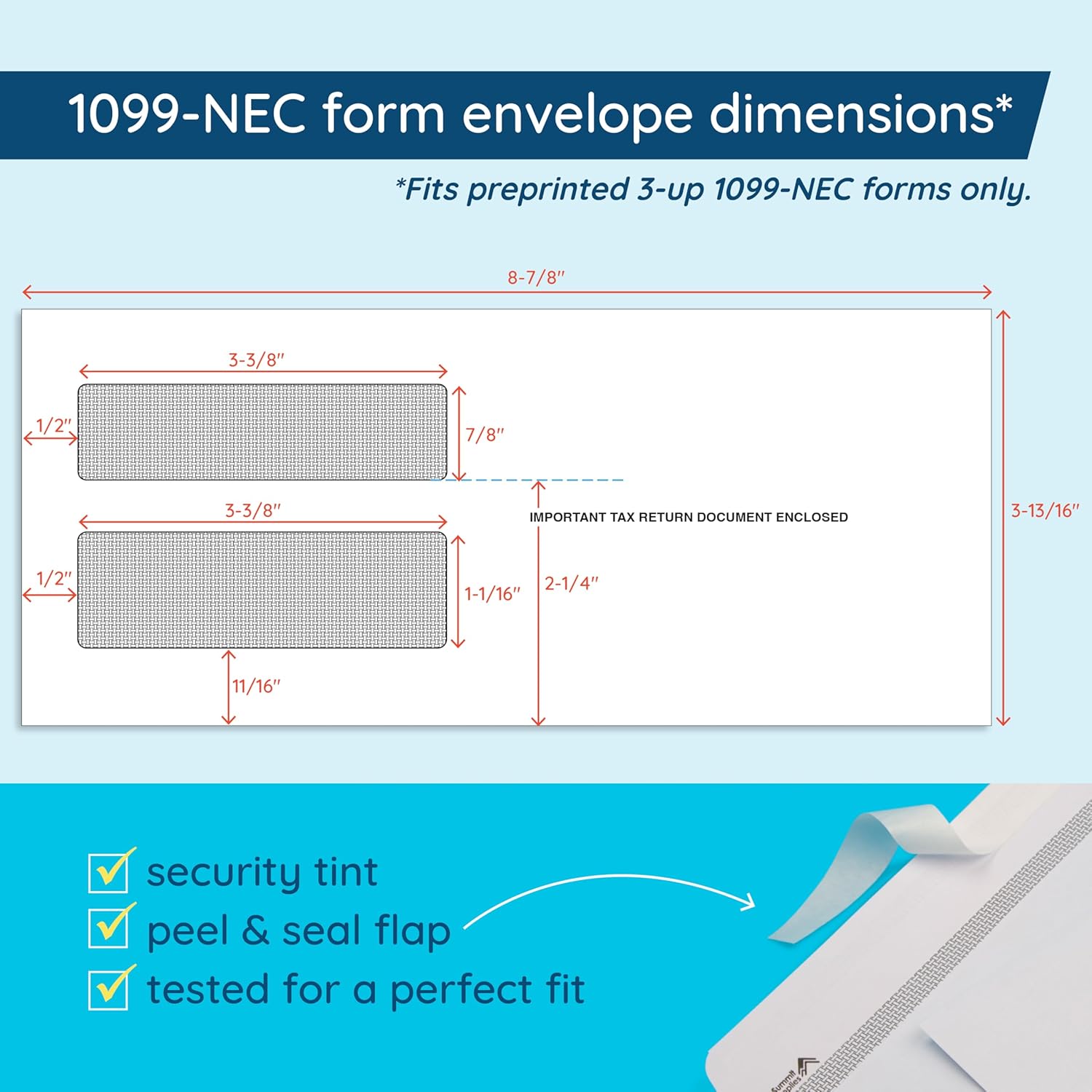 Blue Summit 50 1099 NEC Envelopes 2025 Self Seal, Fits 3 UP 1099 NEC Tax Forms, 3 13/16’’ x 8 7/8’’, Peel and Seal, 50 1099 Envelopes (Pack of 3)
