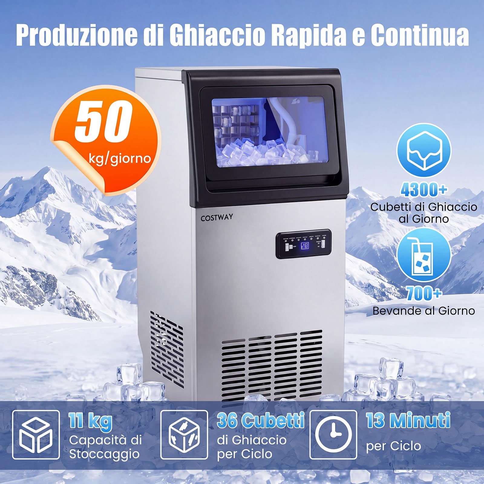 COSTWAY Macchina per Ghiaccio Commerciale 50kg/24h | Fabbricatore Ghiaccio con Autopulizia, Timer, 36 Cubetti in 13 Minuti, Ice Maker con Paletta per Bar Ristorante e Caffetteria