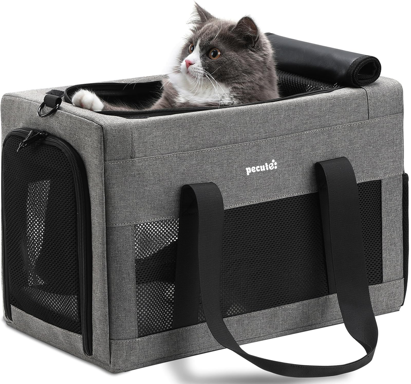 Pecute Transportin Gato Aviones permitidos, Estructura de Alambre de Acero Engrosado de 5 mm, Transportin Perro Pequeño con Parasol, Adecuada para Gatos y Cachorros de hasta 5 kg/11 Libras(Gris)