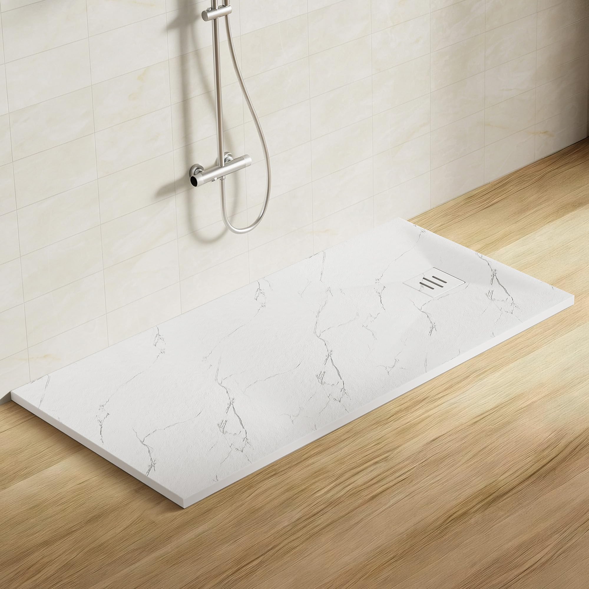 SMC Shower Trays Base Slate Stone Effect Textured Non Slip Slimline Rectangular Slip-Resistant Bathroom Shower Tray with 90mm Waste Trap, 300kg Capacity, 1800 x 700 mm, Marble White