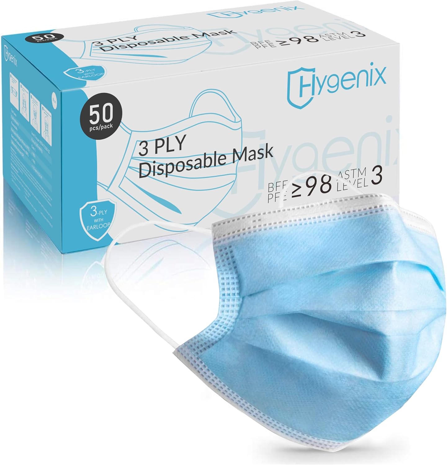 Hygenix 3 级程序 3PLY 一次性口罩 – ≥98% 过滤，耐流体，美国制造（50 包）
