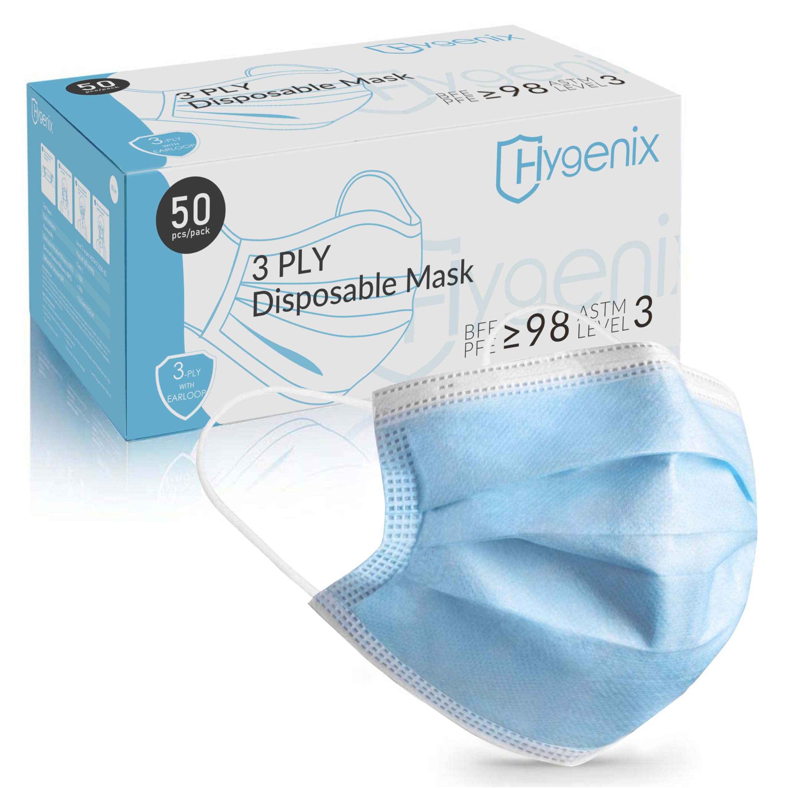 Hygenix Level 3 Procedure 3Ply Disposable Face Masks – ≥98% Filtration, Fluid Resistant, Made in USA (50 Pack)