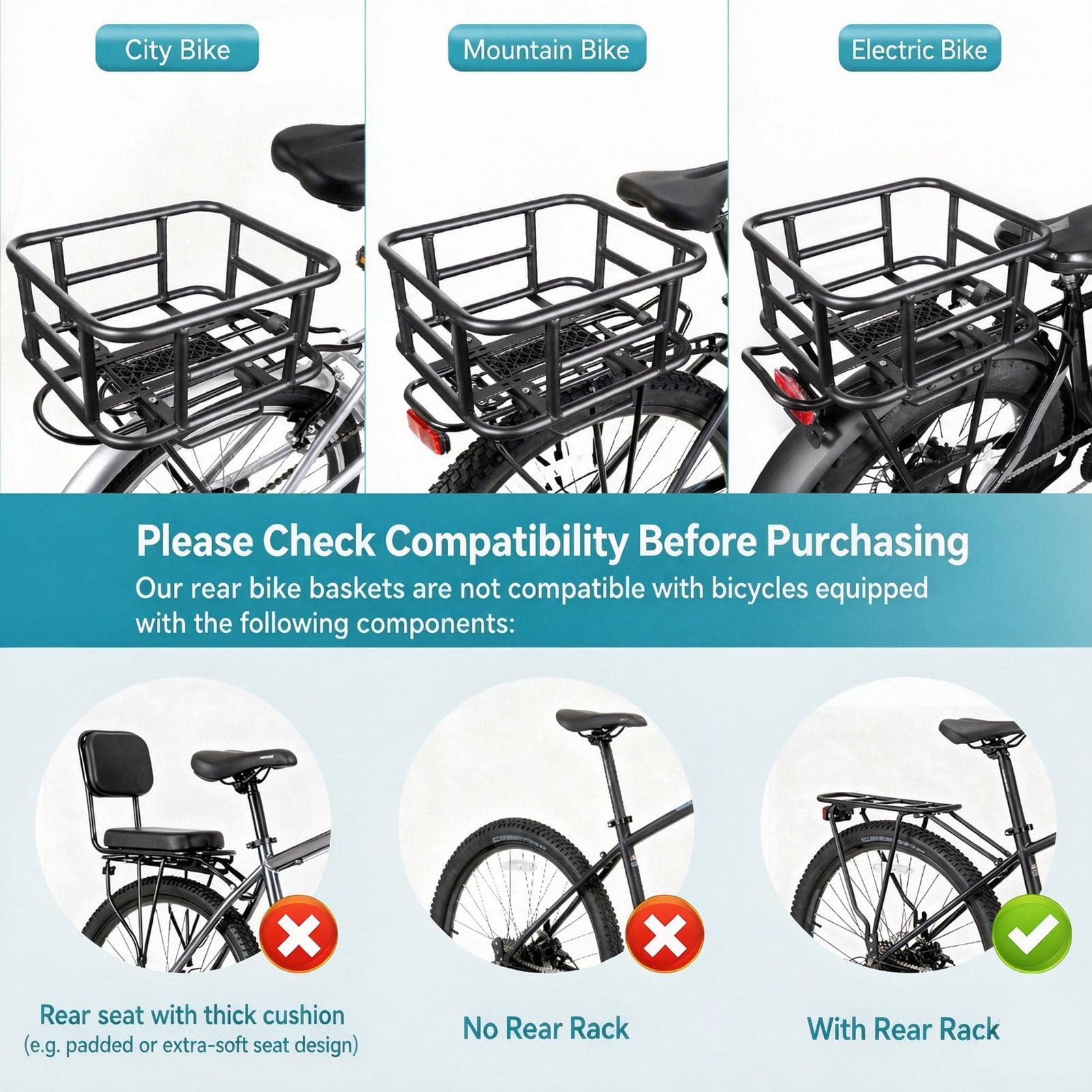 Cesta Portaequipajes para Bicicleta con Estructura de Acero, Funda Oxford Extraíble y Sistema de Desmontaje Rápido, para Compras, Desplazamientos y E-Bike,Small Basket