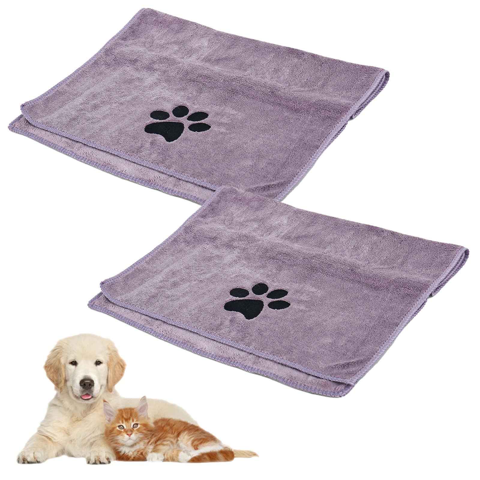 RUCUDIM Hondenhanddoek, 2 stuks, extra absorberend, voor honden en katten, 75 x 35 cm, sneldrogend, microvezel, handdoeken, geschikt voor katten, honden en andere huisdieren, paars