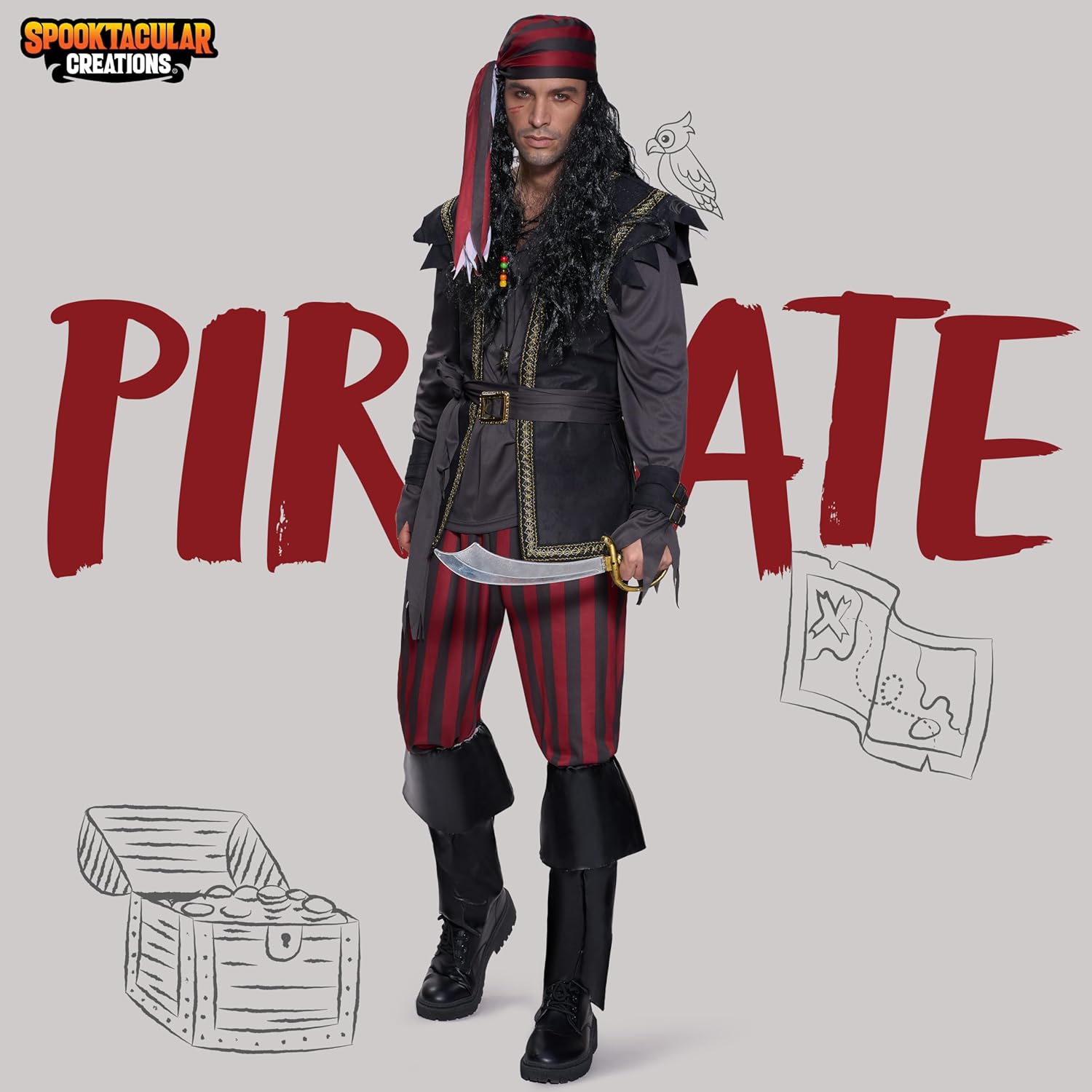 Spooktacular Creations Men Pirate Costume Ruthless Renegade Pirate Set with Boot Cover for Halloween Costume Cosplay Party - Image 2