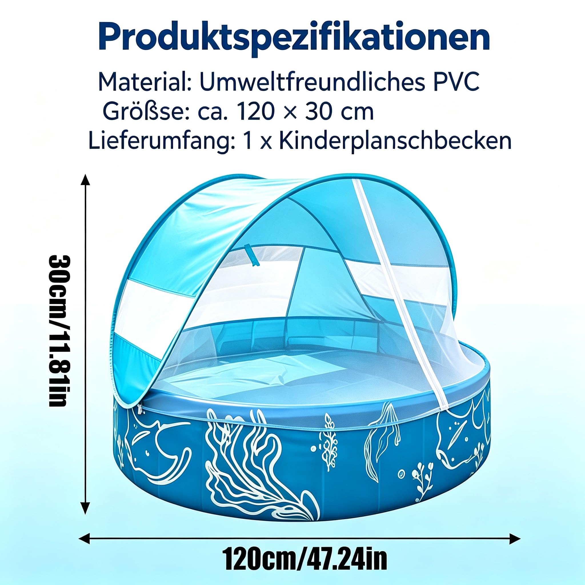 Kinderplanschbecken mit Sonnendach und Netz faltbar rutschfest Nicht | 120 X 30 Zentimeter Tragbarer Pool für Sommer Terrasse Park Reise Outdoor