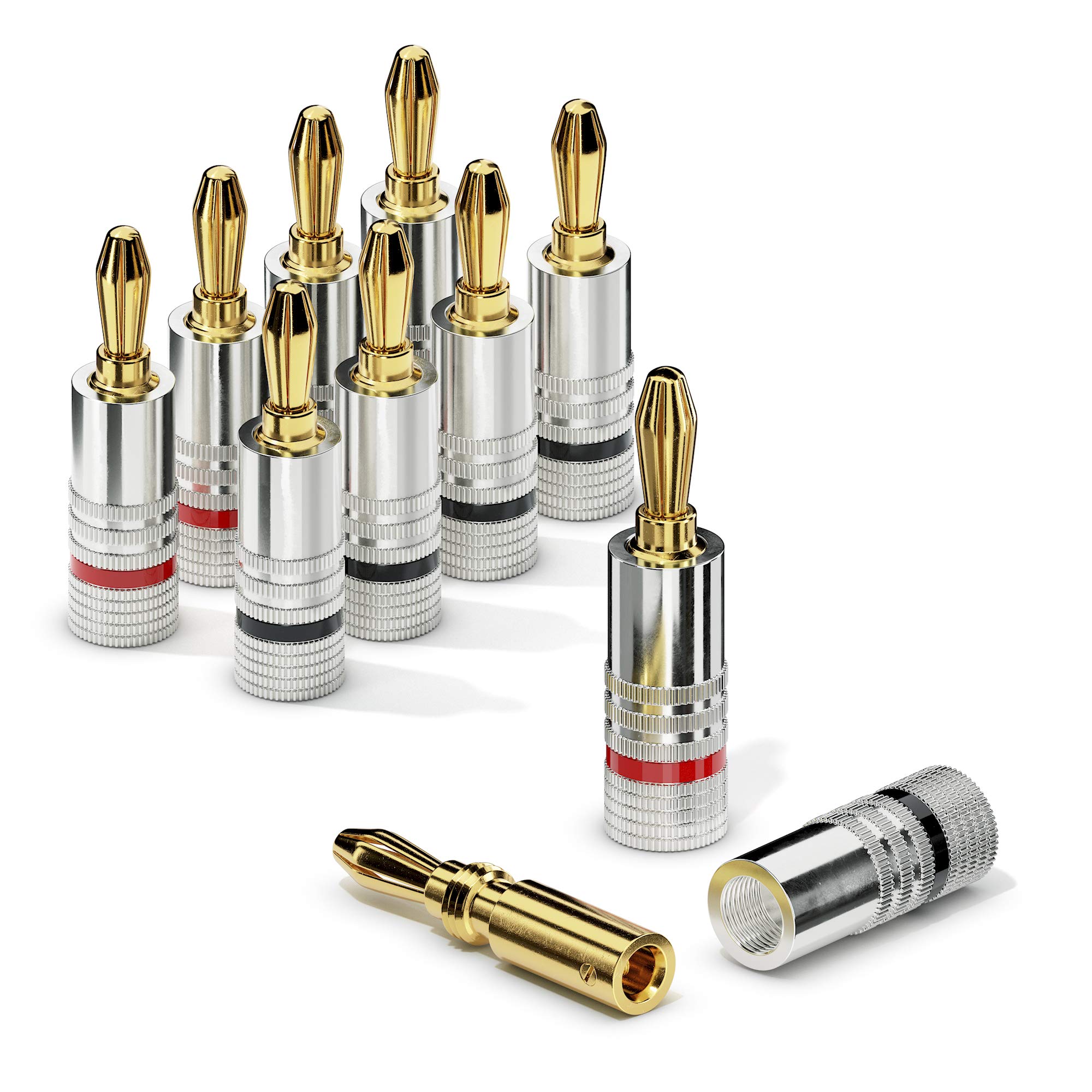 Sonero Zestaw 8 wtyczek bananowych, do wszystkich kabli głośnikowych o średnicy do maks. 6 mm², 4 sztuki z kodem kolorowym (4 x czerwone, 4 x czarne), pozłacane 24-karatowym złotem, S-SC000-08