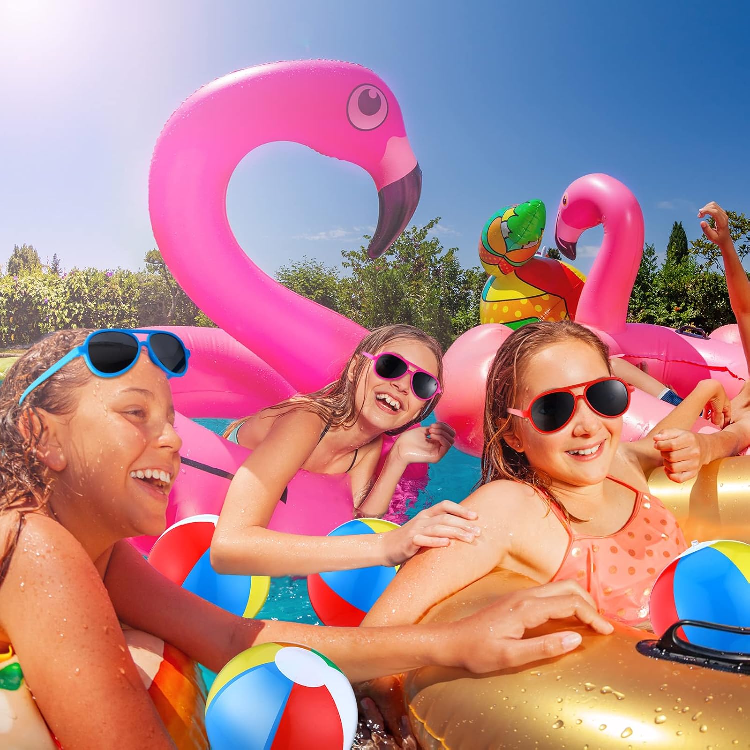 Tanlade 72 Pcs Bulk Beach Balls and Pool Games 36 10 Inch Inflatable Rainbow Beach Balls and 36 Sunglasses Bulk for Adults Party Supplies