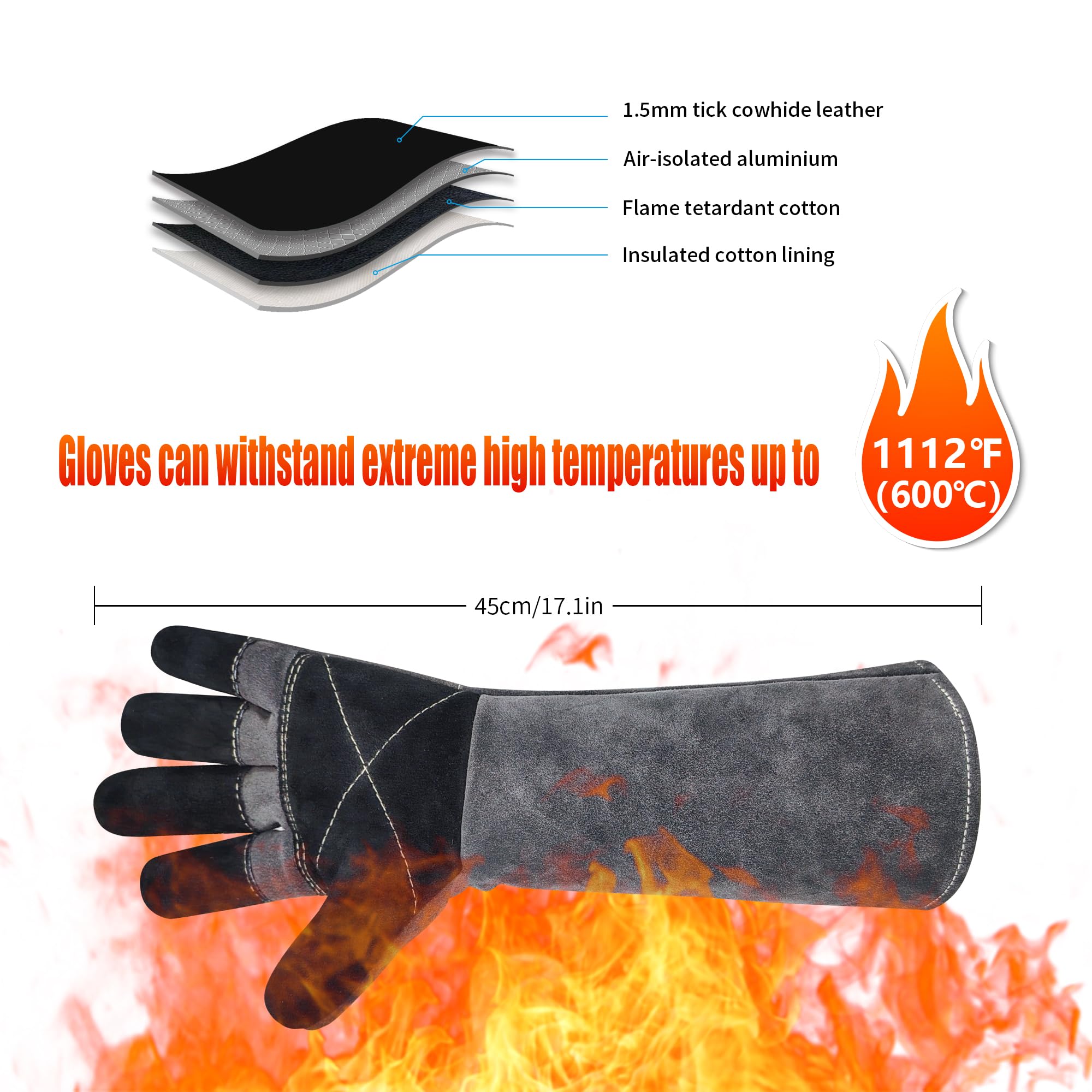 Guanti lunghi per saldatura in pelle resistente al calore e al fuoco per Mig, Tig, Stick, Forge, barbecue, caminetto (45 cm, grigio)