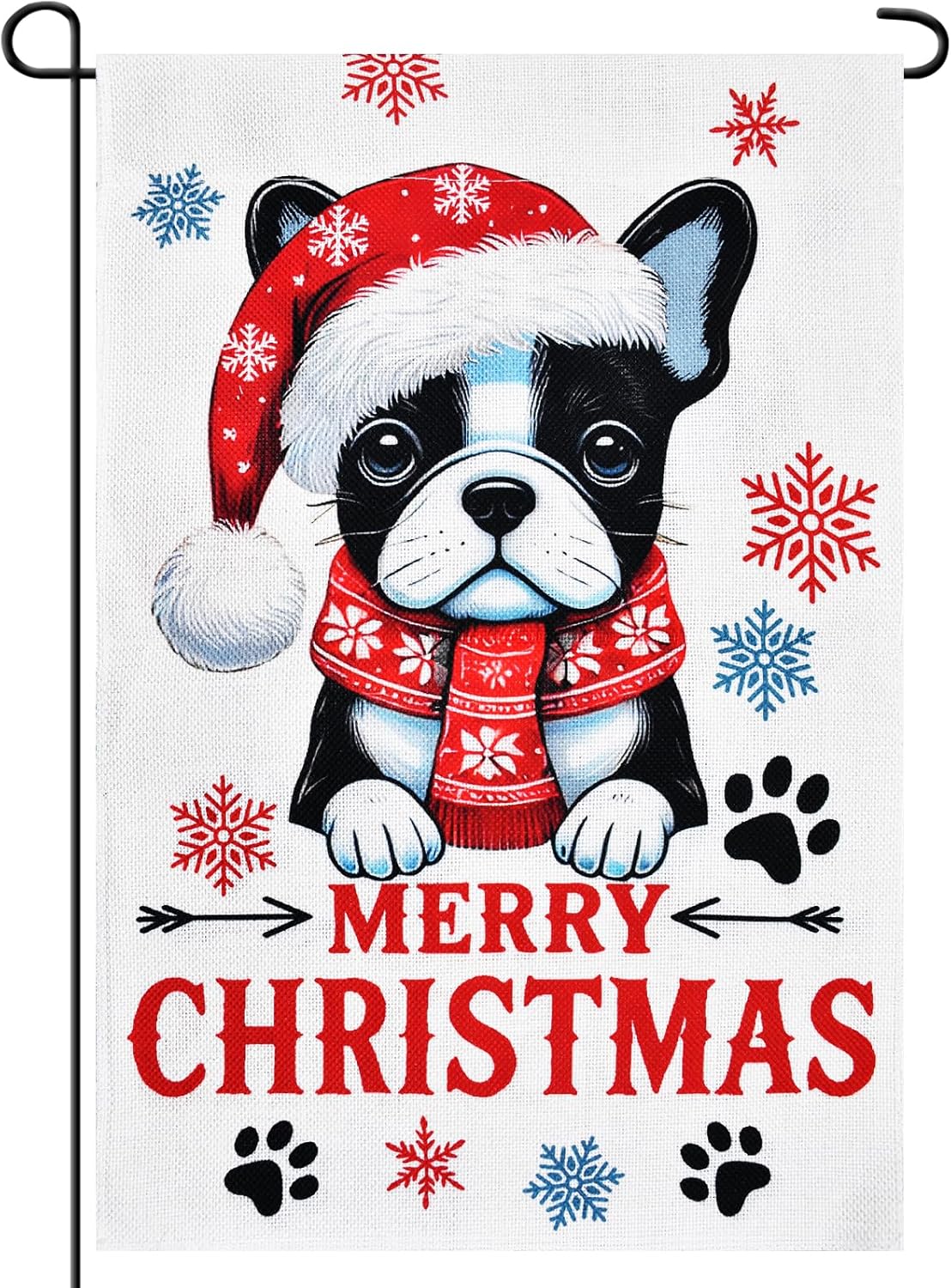 12 x 18 Inches Merry Christmas Dog Garden Flag Decorations - Double-Sided Cute French Dog with Santa Hat and Scarf Yard Flag Indoor Outdoor Winter Holiday Décor for Porch Patio Lawn Party Supplies