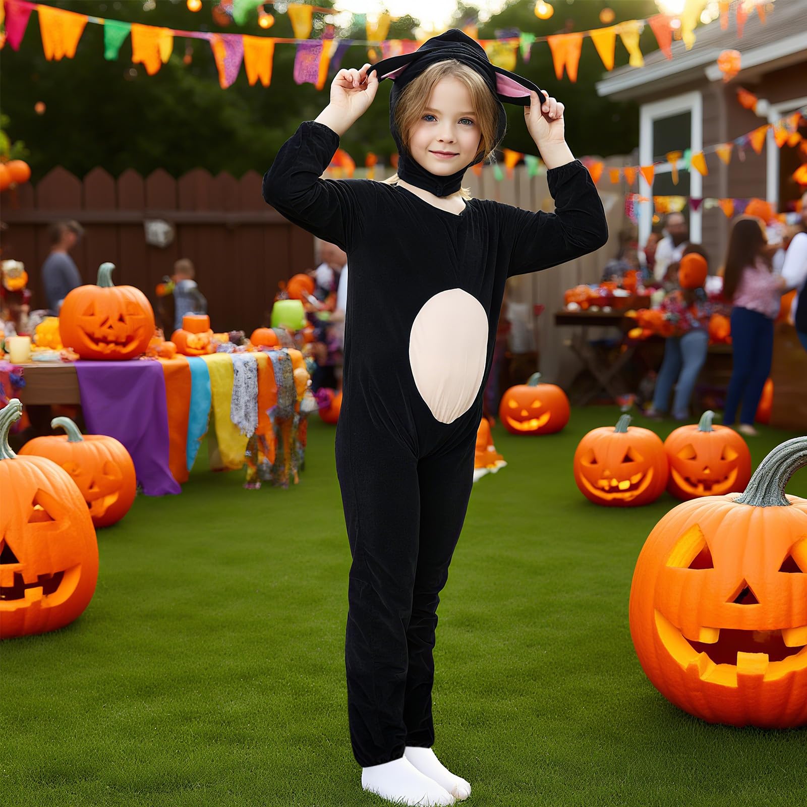 Joyincoser Cat Costume Onesie Black Cat Jumpsuit Pyjamas with Cat Ears Hat Animal Costume for Halloween Cosplay Fancy Dress (140) - Image 4