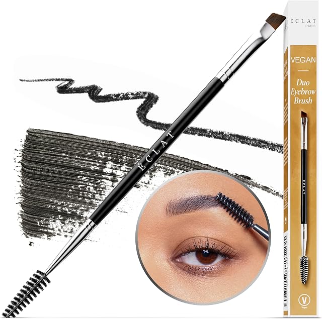 Professional Double Ended Eyebrow Brush and Spoolie - Angled Brush for Precision Application, Shaping and Blending - Premium Synthetic Bristles, 100% Vegan
