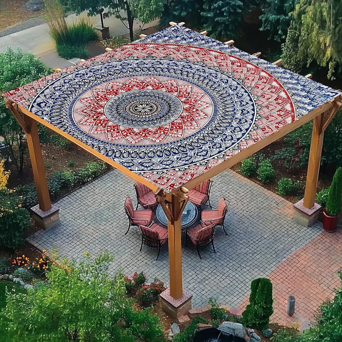 Voile D'ombrage Rectangulaire Imprimé Mandala Bleu - Protection UV 95%, Imperméable - 1.8x1.8m Avec œillets Et Cordes Pour Terrasse, Jardin, Balcon
