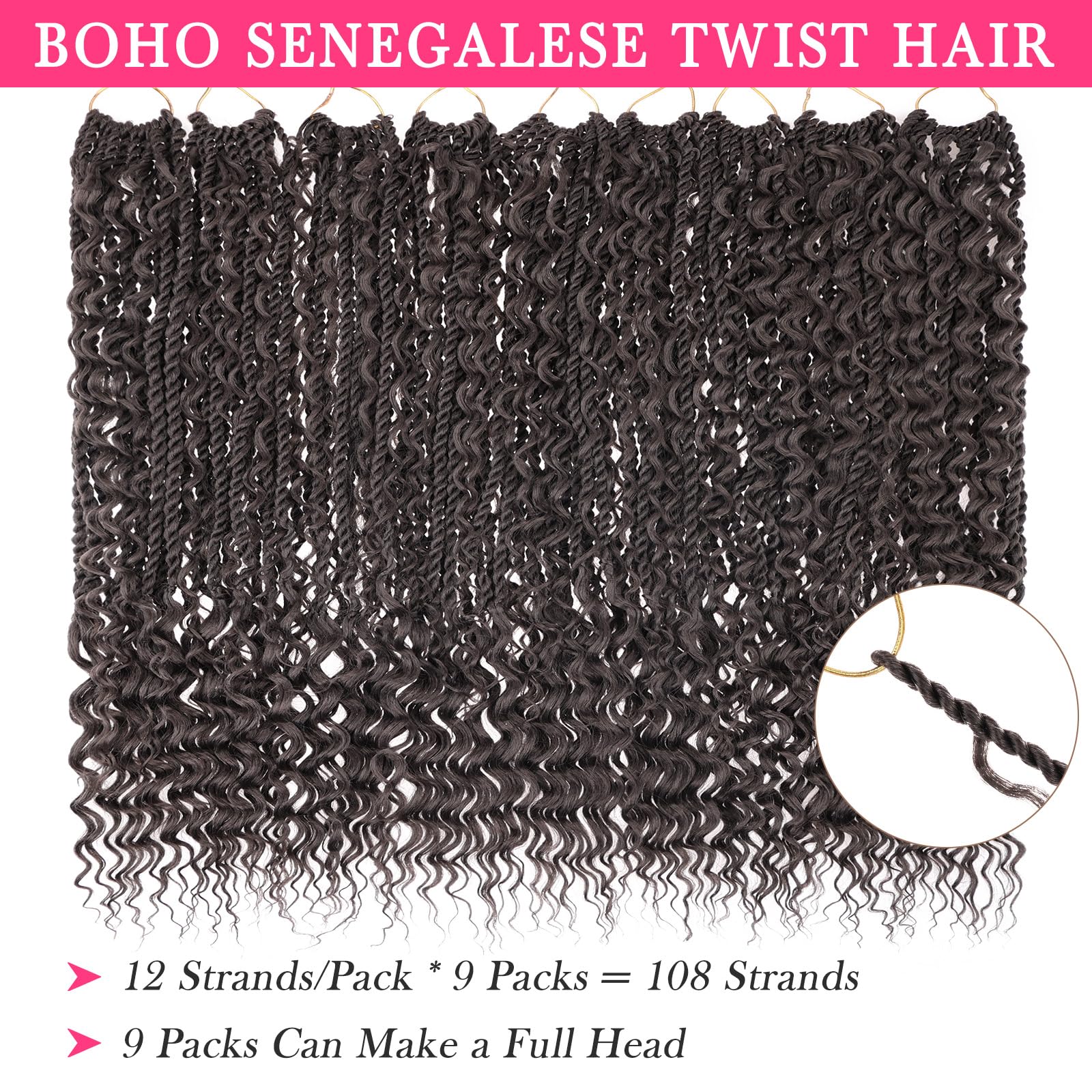 Boho Senegalese Twist Crochet Hair with Curly Ends, Pre-Looped 9-Pack