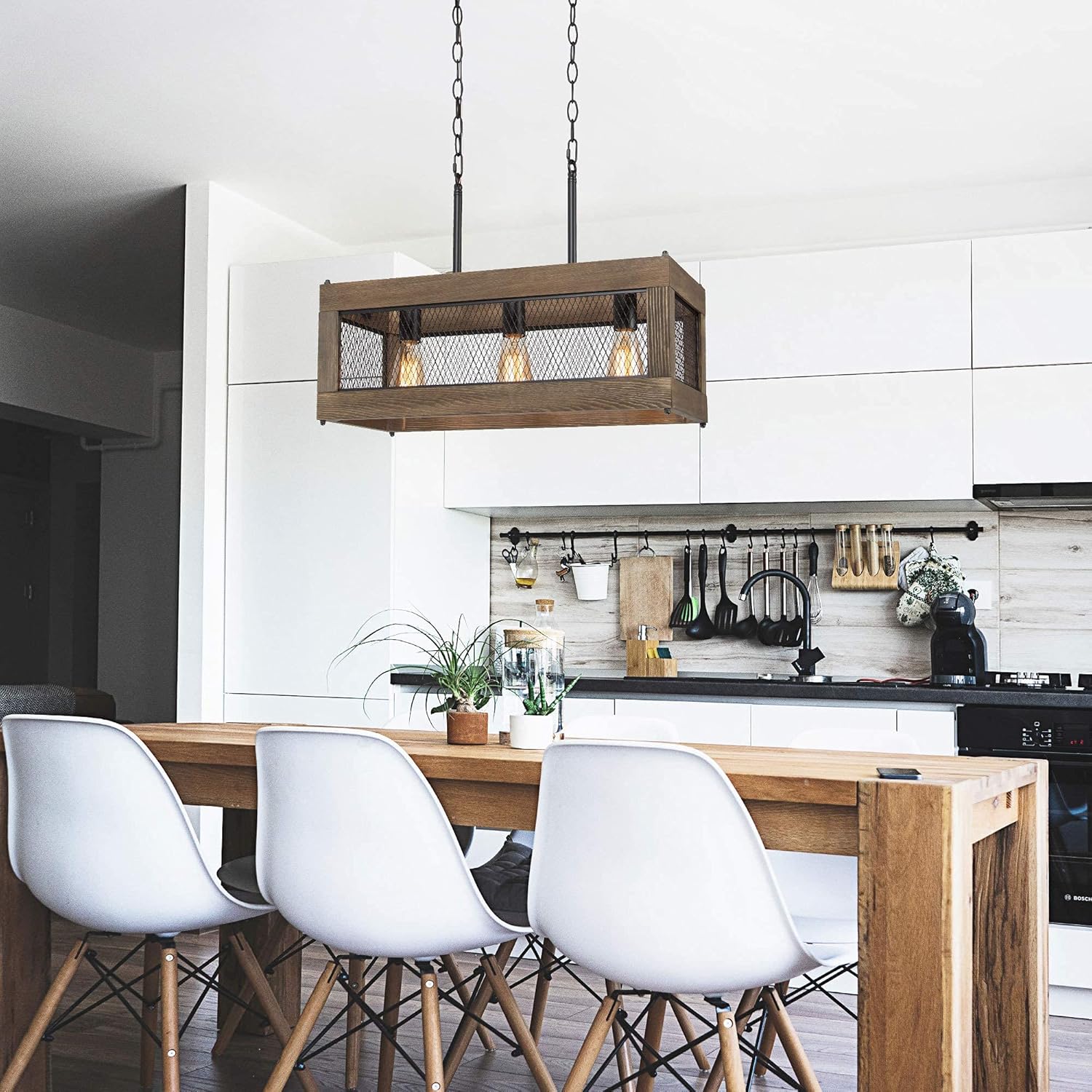 Uр Tо 40% оƒƒ Farmhouse Chandelier, 3-Light Kitchen Light Fixtures, 24 Dining Room Chandelier in Rustic Wood & Black Metal Finish