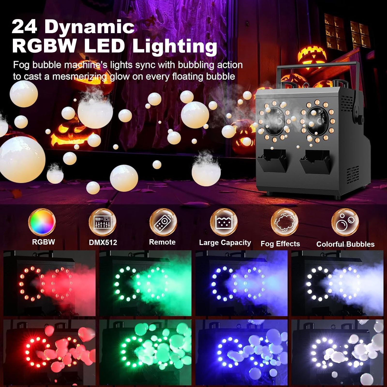 Maszyna do baniek z łącznością DMX512, zintegrowane efekty przeciwmgielne, moc 1200 W, podwójne porty, oświetlenie RGB, szybkie nagrzewanie, szeroki zasięg na imprezy i imprezy