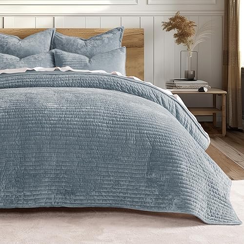 Miniatura 43 de EVERGRACE Velvet Quilt Set King Size, Luxurious Soft Striped Channel Bedding Set, Lightweight Velvet Comforter for All Season, Oversized Bedspread