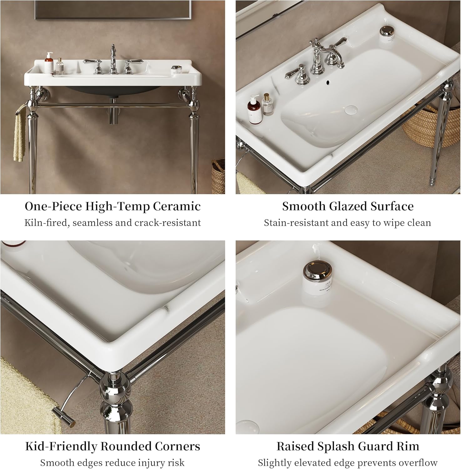 Yayzy 36” Bathroom Vanity with White Ceramic Sink, Wall-Mounted Console Style, Silver-Finish Stainless Steel Legs & Towel Bar, 3 Faucet Holes, No Faucet