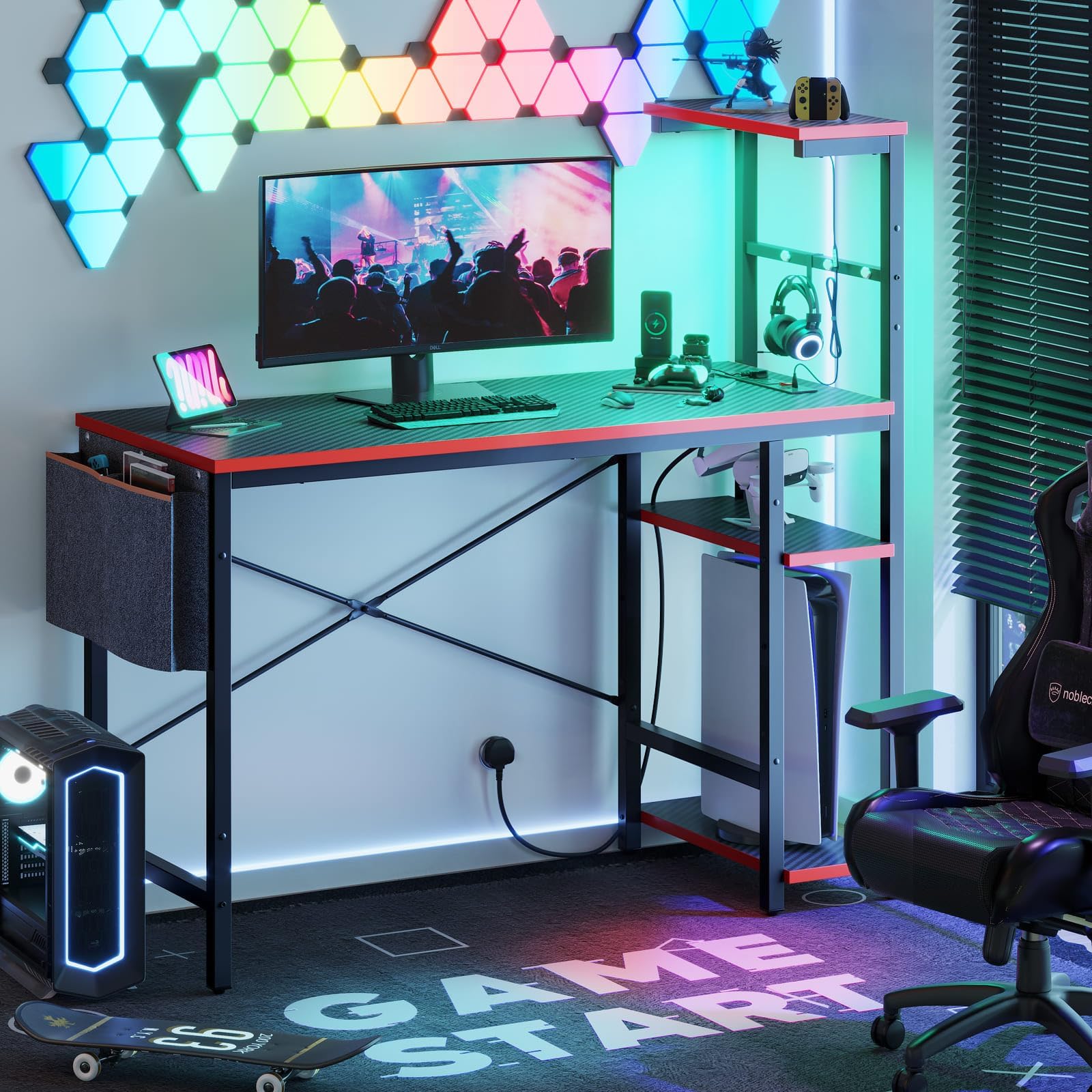 Bestier Scrivania Gaming con Prese Elettriche Integrate - Tavolo da Gioco Ergonomico con con ganci per cuffie, Illuminazione LED RGB, piccolo spazio, per Gamer Professionisti, nero fibra