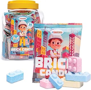 Candy Bricks, 24 Individual Party Favor Bags of Tutti Frutti Flavored Blocks for Construction Themed Fun, Brick Shaped Cake Topper and Party Candy in 5 Colors, Packed in a Unique Tub by 4YoreElves, 24 x 0.42oz (Net Wt. 10.08oz)