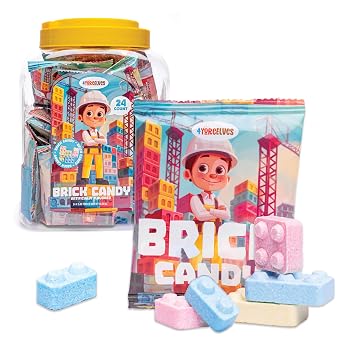 Candy Bricks, 24 Individual Party Favor Bags of Tutti Frutti Flavored Blocks for Construction Themed Fun, Brick Shaped Cake Topper and Party Candy in 5 Colors, Packed in a Unique Tub by 4YoreElves, 24 x 0.42oz Net Wt. 10.08oz