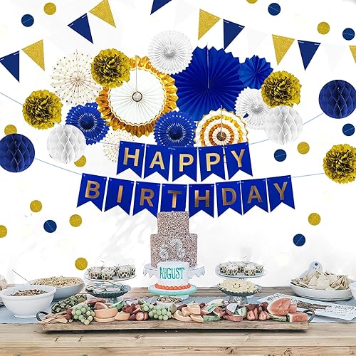 Miniatura 8 de Decoración de fiesta de feliz cumpleaños azul marino y dorado, 24 abanicos de papel colgantes, guirnalda de flores con pompones, guirnalda