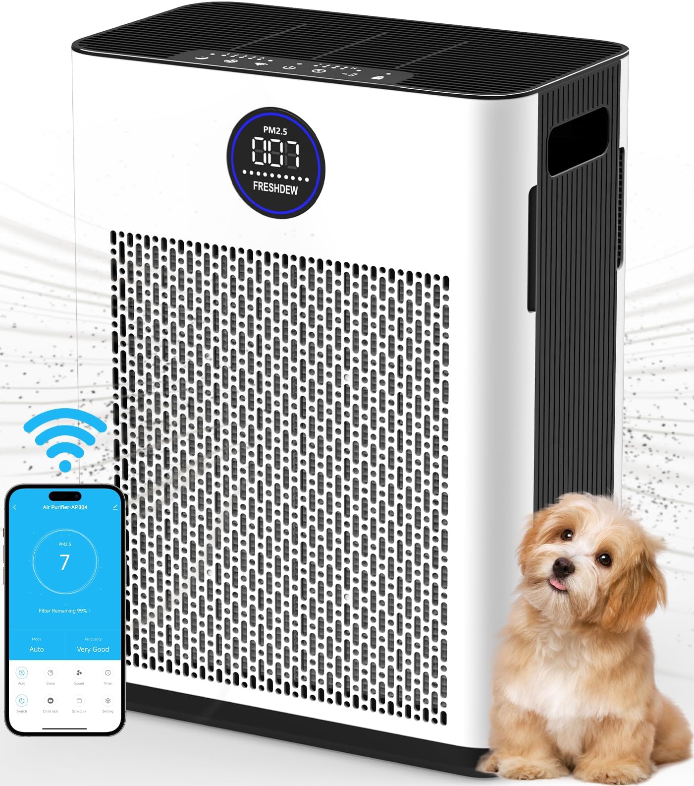 Air Purifiers for Home,FRESHDEW Air Purifiers for Bedroom Up to 170m² With Smart WiFi,Air Quality and Light Sensors,Double-sided Air Inlet,H13 HEPA Fliter for Pet Odor, Dust, Smoke, Wildfire 22dB