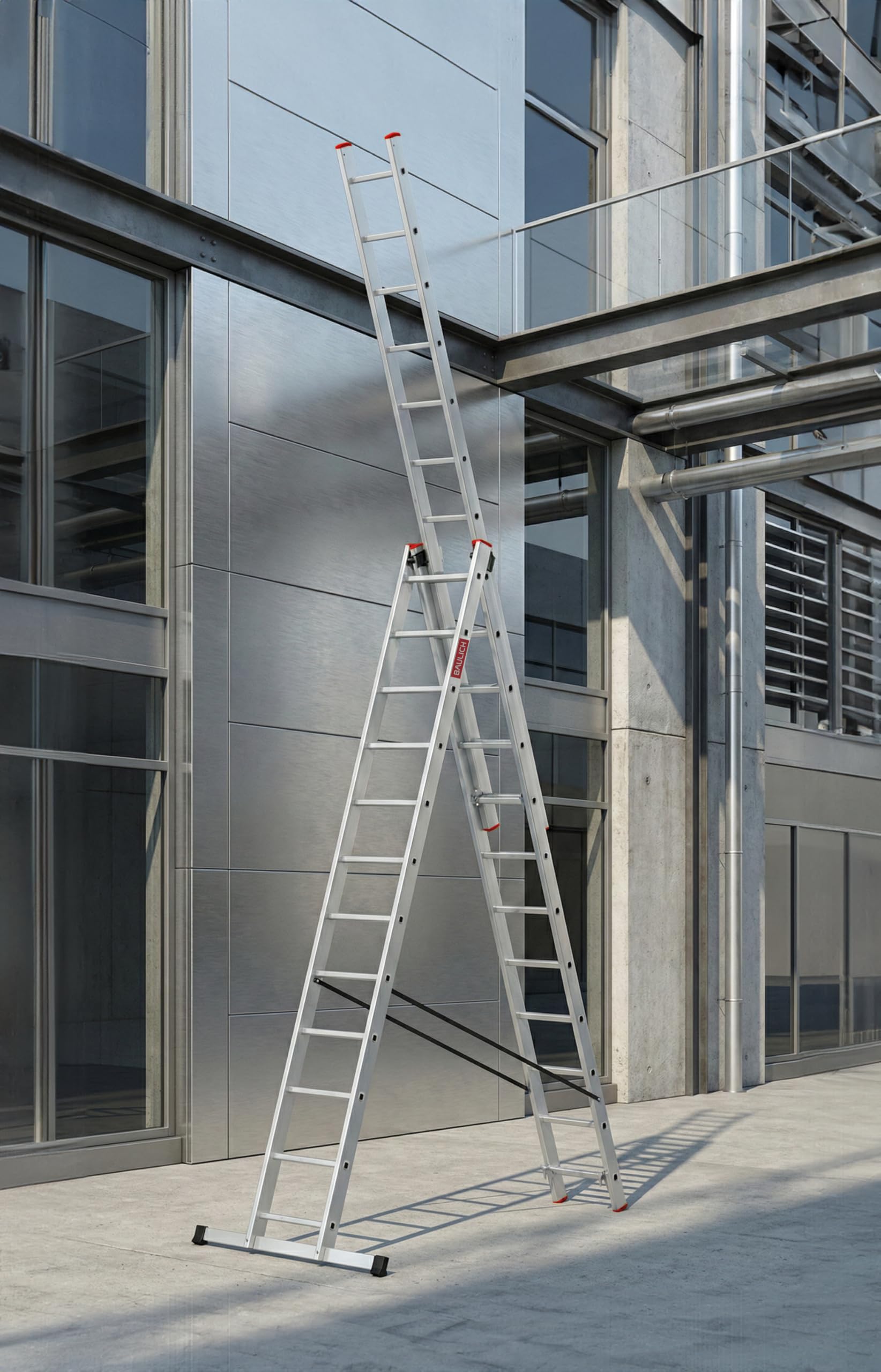 Mehrzweckleiter - Aluleiter - 3in1 Anlegeleiter, Stehleiter, Trittleiter - 12 Sprossen - DREI-Segmentig, Professionell, für Haus-, Renovierungs- und Bauarbeiten, mit Stabilisator, Silber