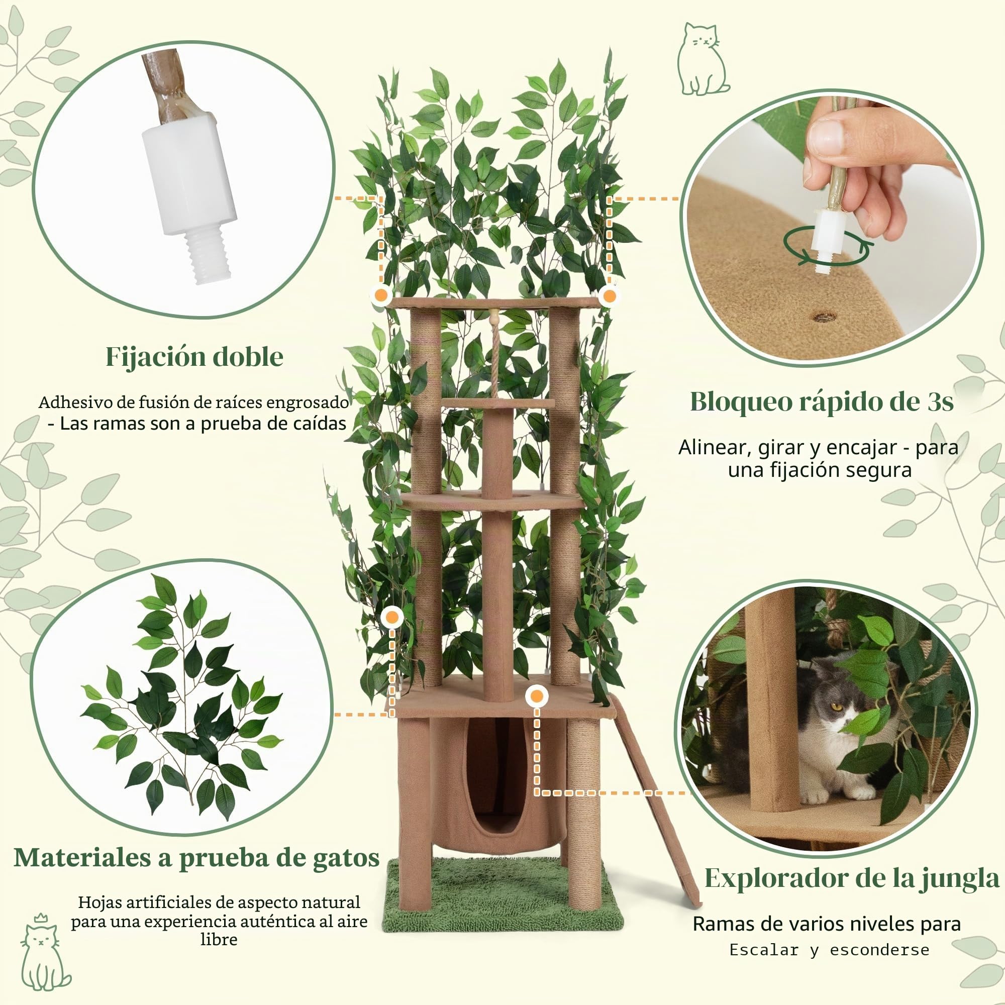 Ultra alto Árbol para gatos de 5 niveles (195 cm) – Árbol rascador de madera natural con plantas verdes artificiales, versátil para la diversión natural de trepar