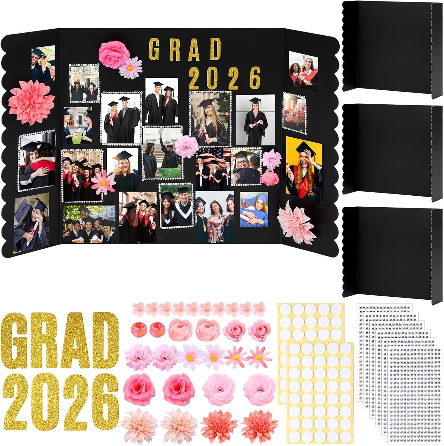 Marspark 2 Pack Large Graduation Photo Display Board 31.5 x 19.7 Inches Trifold Poster Board with Artificial Flowers for Class of 2026 Grad Party Picture Display Graduation Photo Frames Table Decor