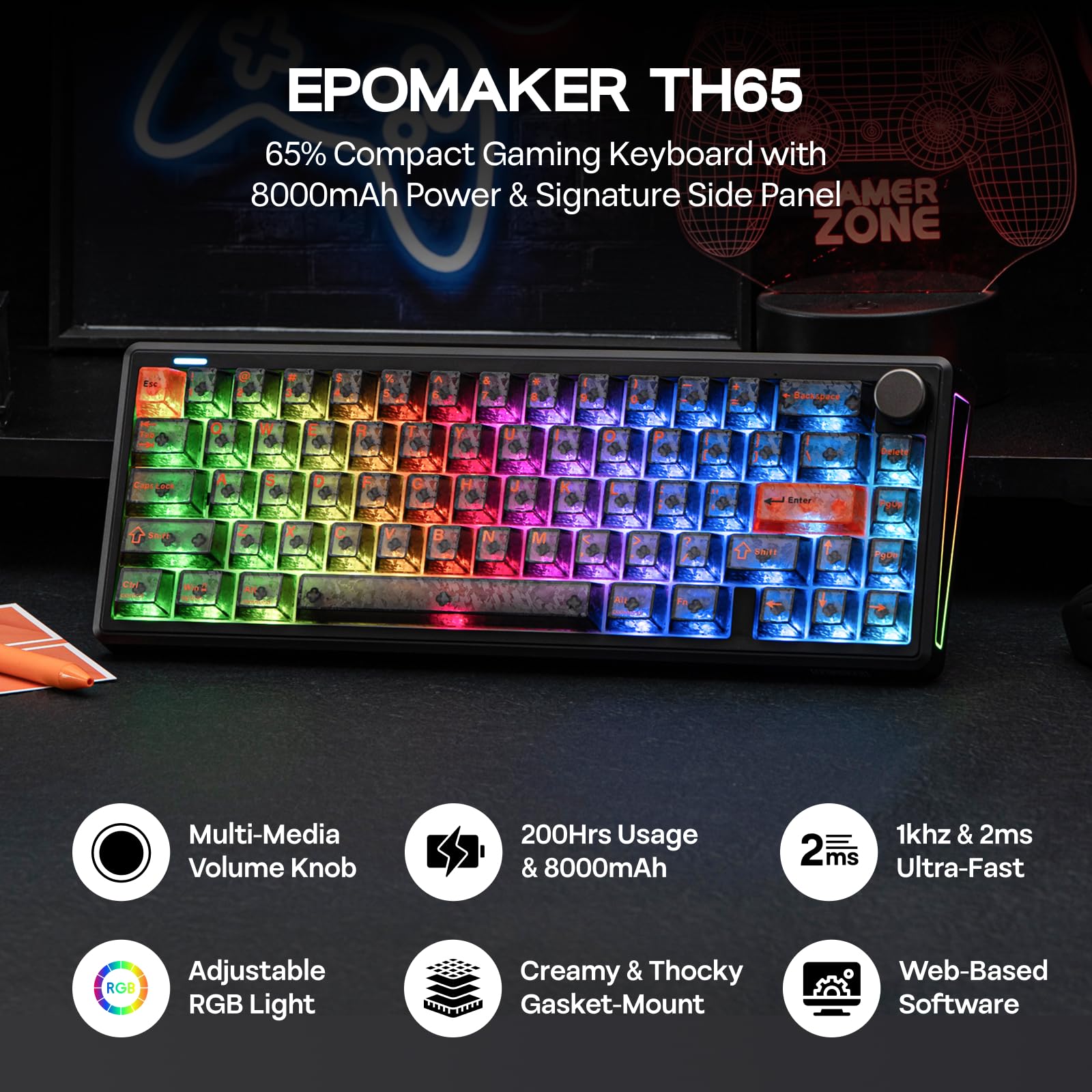 EPOMAKER TH65 Teclado Mecánico Inalámbrico con Perilla (Negro, Crystal) | Formato 65%, Batería de 8000mAh, Soporte Ajustable para la Comodidad, BT/2.4GHz/USB-C, Hot-Swappable, RGB, Gasket Suave