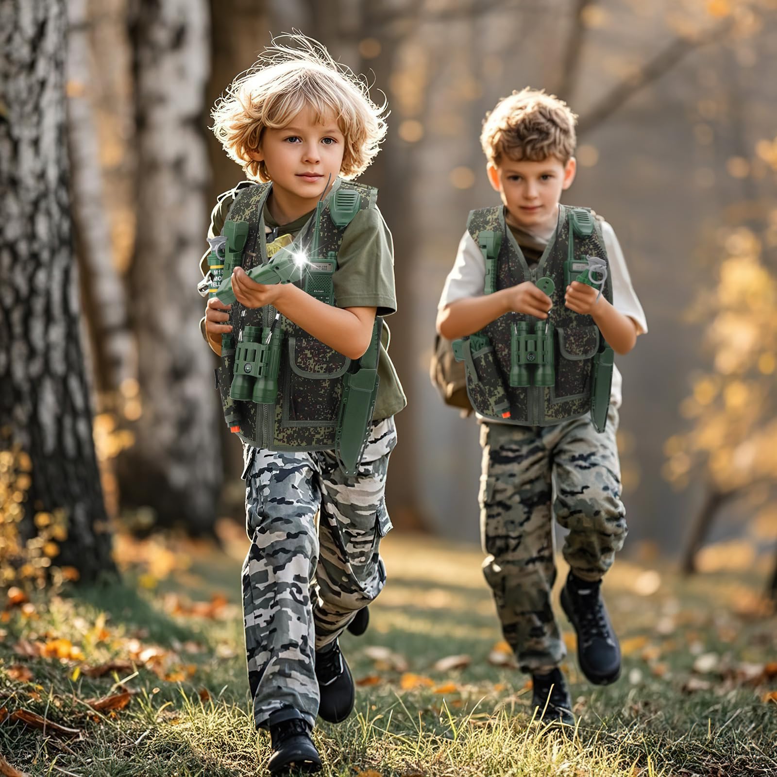 deAO Costume da Soldato per Bambini, Set Travestimento Militare Mimetica | Elmetto, Binocolo, Pistola Giocattolo, Granate Giocattolo, Accessori per Soldato Militare - Set per Gioco di Ruolo, 3 Anni+
