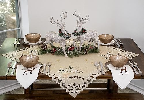 Miniatura 2 de Mantel pequeño bordado rústico para Navidad, invierno, nieve y reno, pequeño mantel (cuadrado de 33 pulgadas)