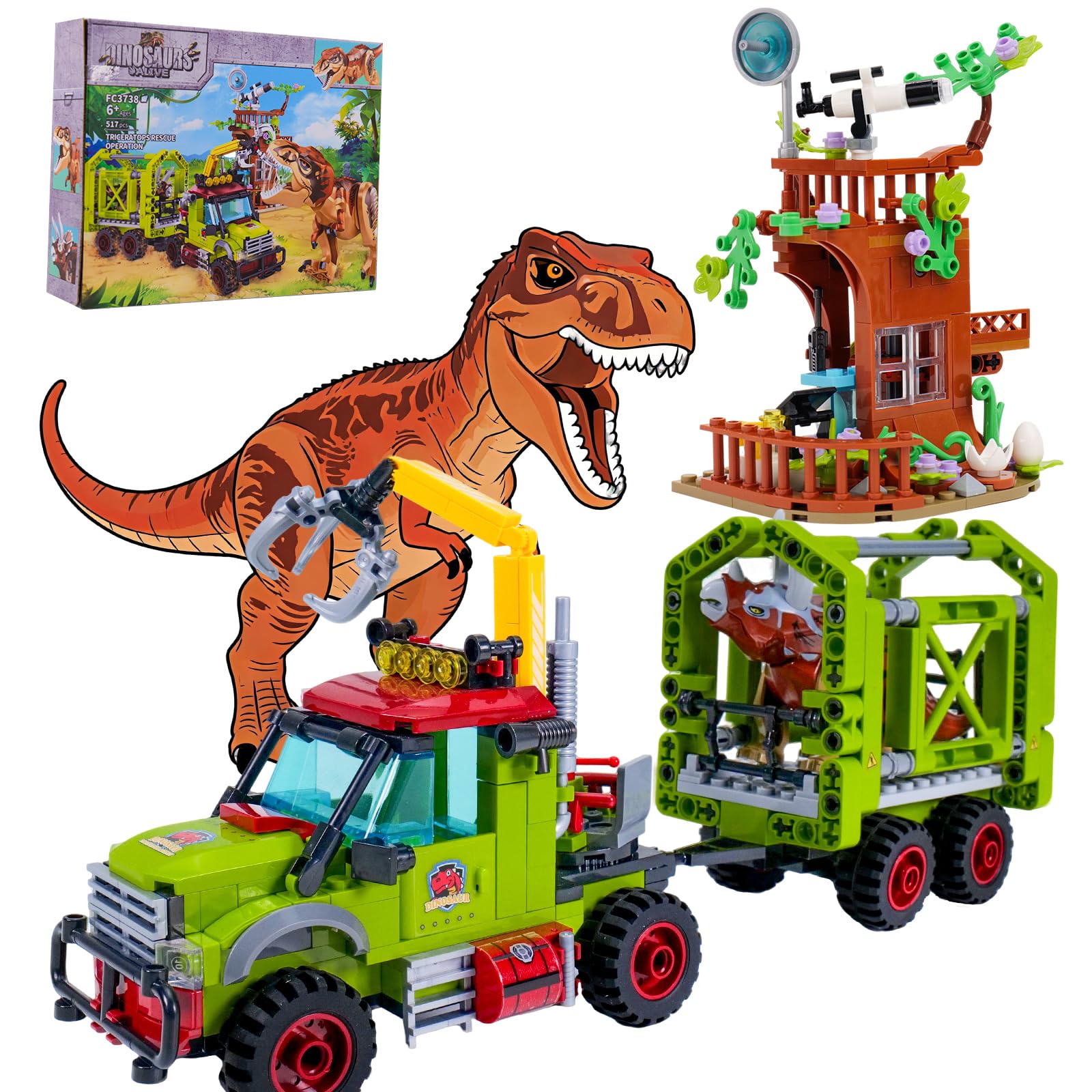 Jurassic Dinosaur ideas Building Set,Compatible with Lego Dinosaur T-Rex Triceratops Capture Truck with Tree Observatory, STEM Toys Gift for Kids and Adults for Boys Age 8-12 517PCS