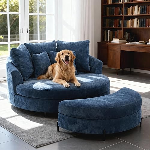 Aoiy & Wifon 59.8" W Oversized Barrel Chair with Ottoman, Round Chair with Ottoman, Extra Large Living Room Chair Set with Wheels, Knitted Chenille, Blue