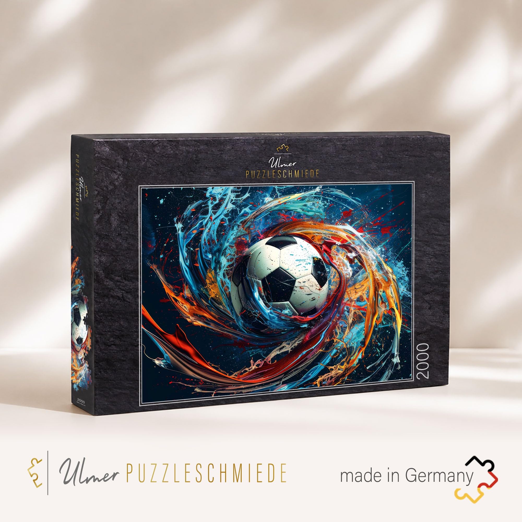 Ulmer Puzzleschmiede - 2000 elementów puzzli "Spin" – motyw piłki nożnej w klasycznym stylu, otoczony spektakularną rotacją kolorów – jakość Made in Germany