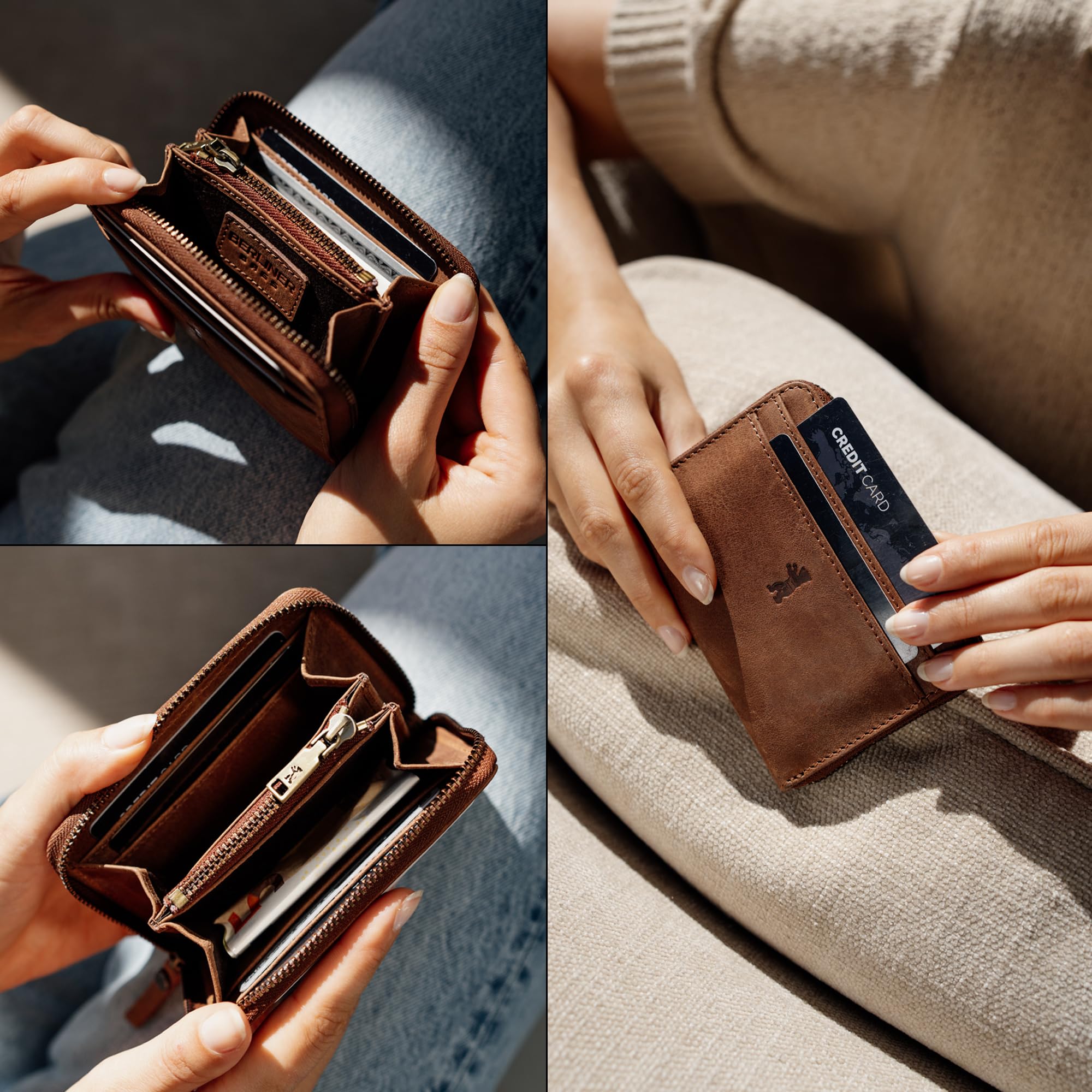 Berliner Bags Portamonete Elsa in Vera Pelle, Portafoglio Donna Compatto con Protezione RFID e Cerniera in Metallo, Scatola Regalo Inclusa – Marrone