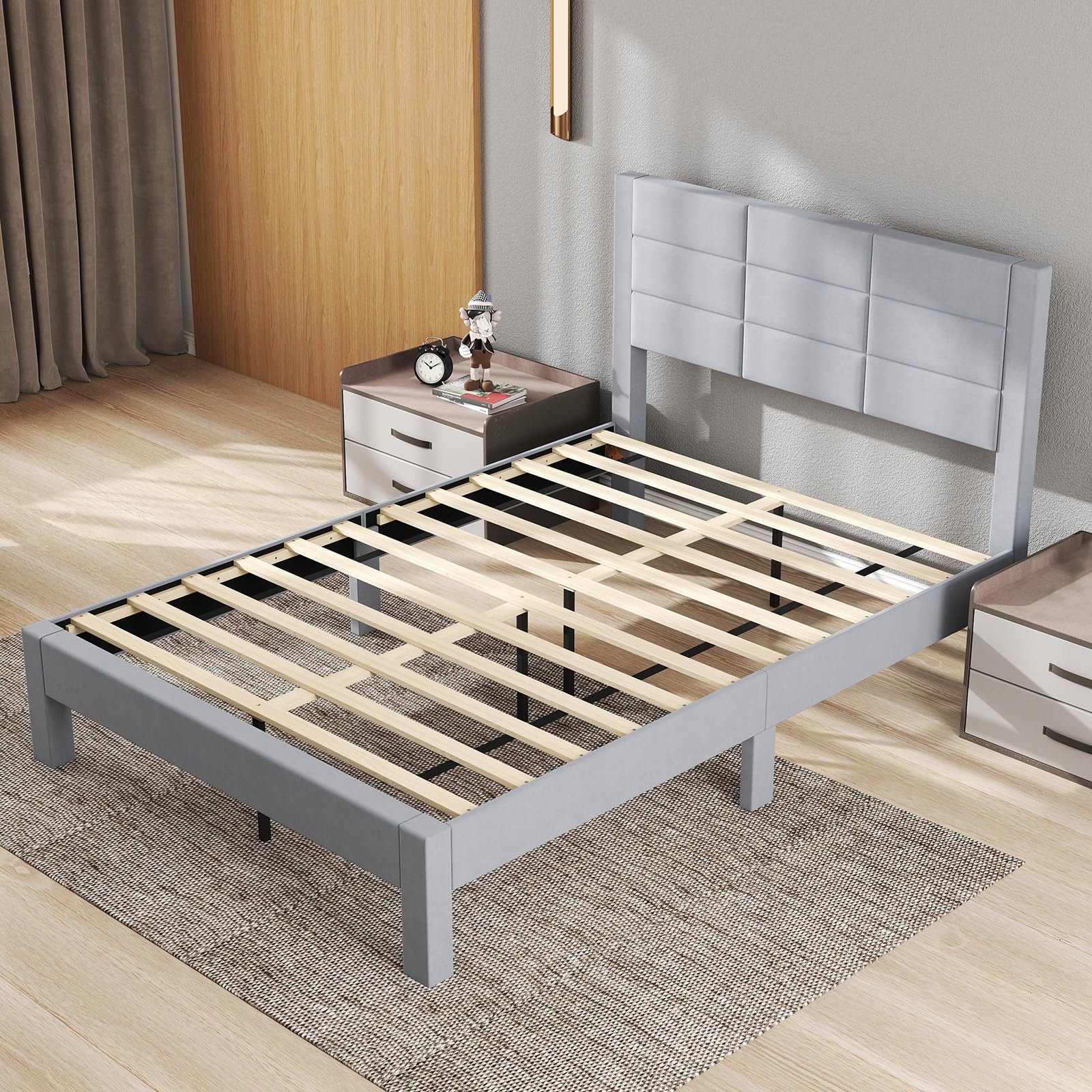 LIFEZEAL Estructura de Cama de 140 x 200 cm, Tapizada de Tela con Cabecero, Cama Tapizada con Somier, Marco de Cama Doble para Adultos y Jóvenes (211 x 141 x 109 cm)