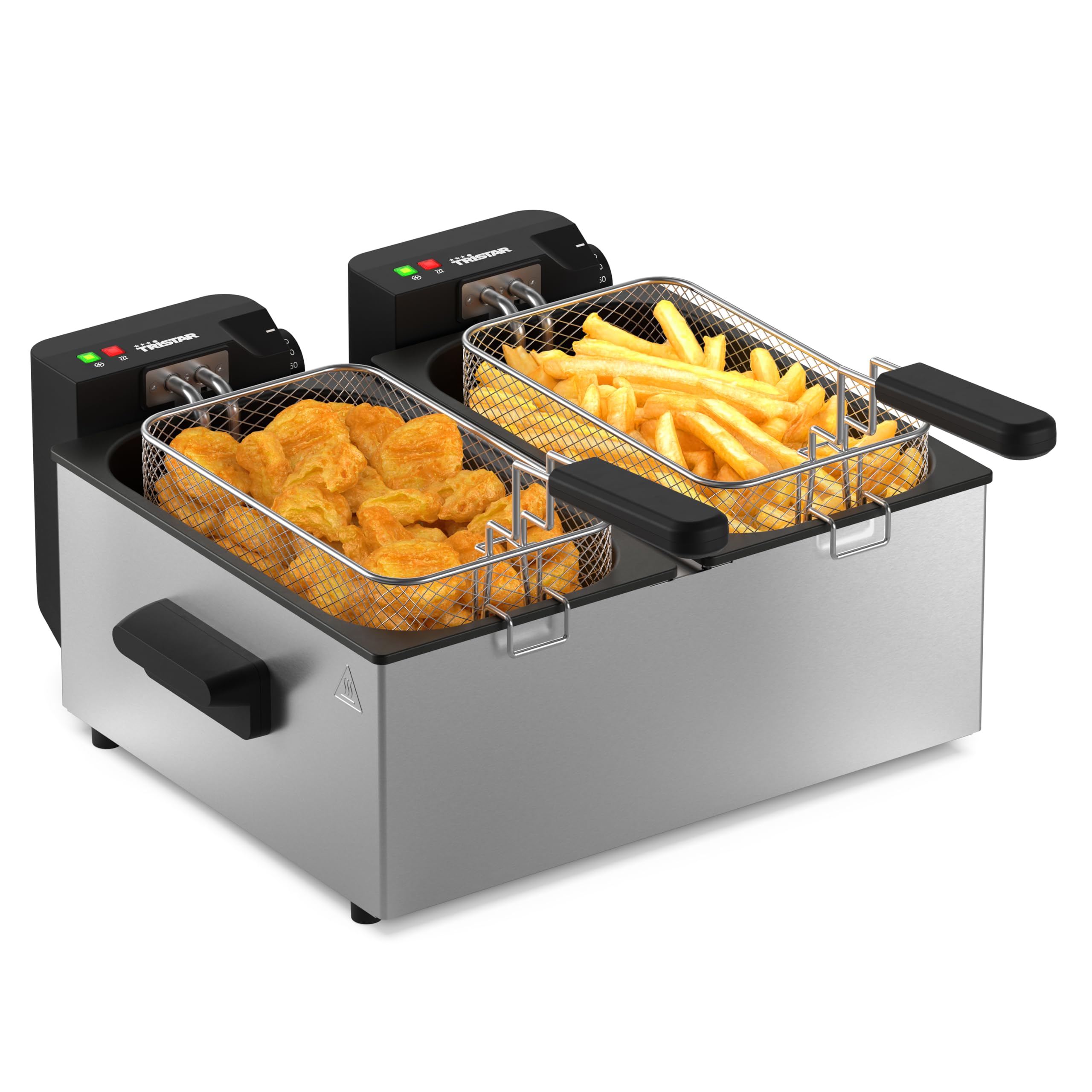 Tristar Friteuse Double en Acier Inoxydable, Capacité 2 x 3 L, Double Thermostat, Bacs Séparés, Pour Frites et Snacks, FR-9332