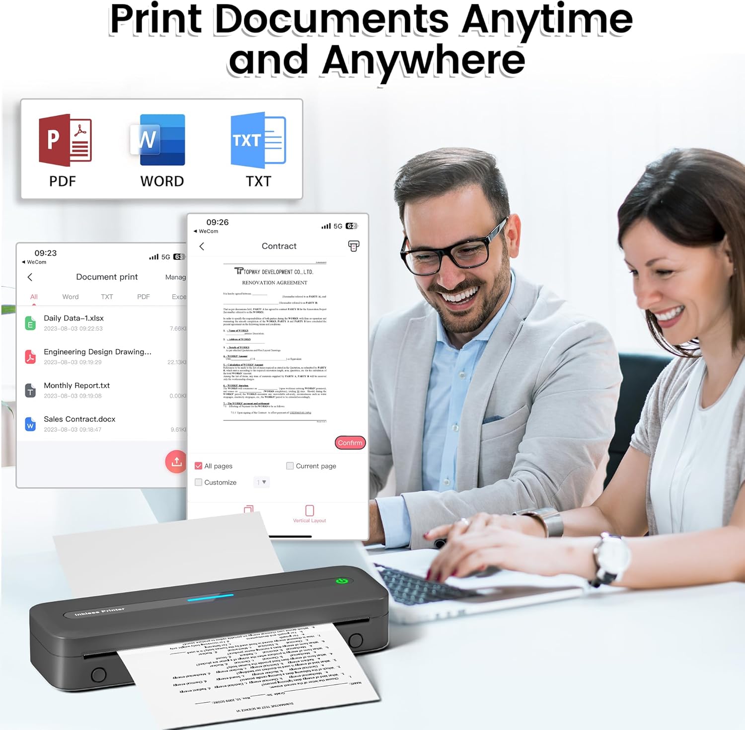 Portable Printer, 300DPI Wireless Bluetooth Thermal Printers, Support Multi-Size Thermal Paper, Compatible with iOS, Android & PC, Inkless Mobile Printer for Travel, Office, School, Gray